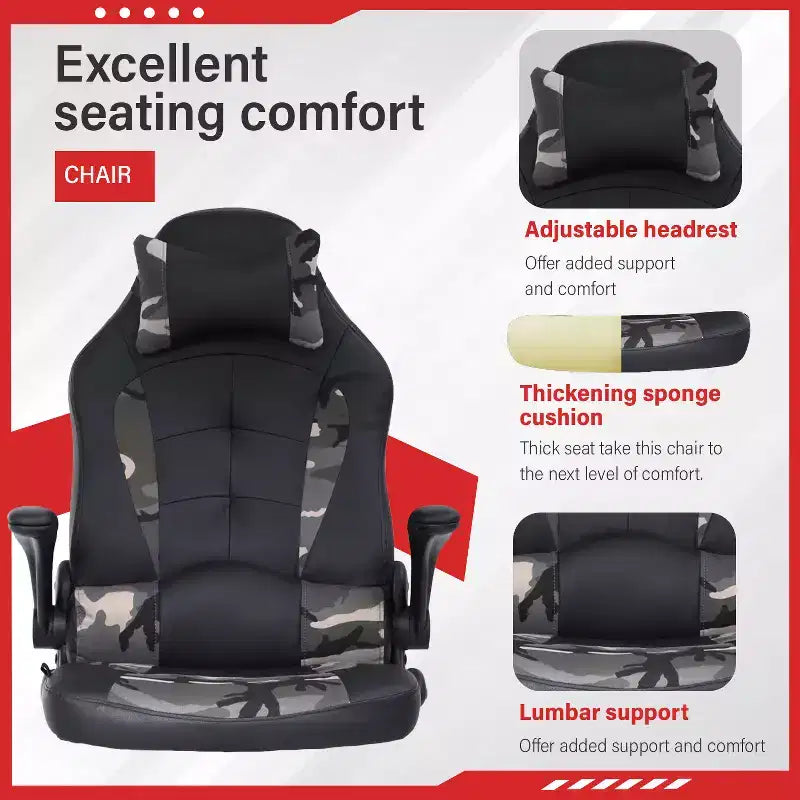 Gaming Office Chair with Lumbar Support, PU Leather, Adjustable Height & Arms