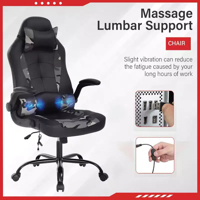 Gaming Office Chair with Lumbar Support, PU Leather, Adjustable Height & Arms