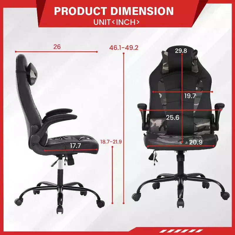 Gaming Office Chair with Lumbar Support, PU Leather, Adjustable Height & Arms