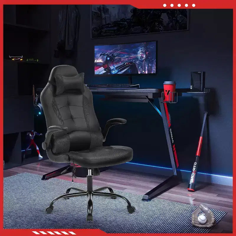Gaming Office Chair with Lumbar Support, PU Leather, Adjustable Height & Arms