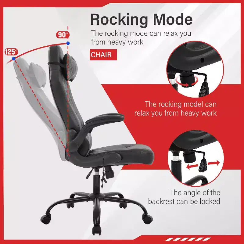 Gaming Office Chair with Lumbar Support, PU Leather, Adjustable Height & Arms