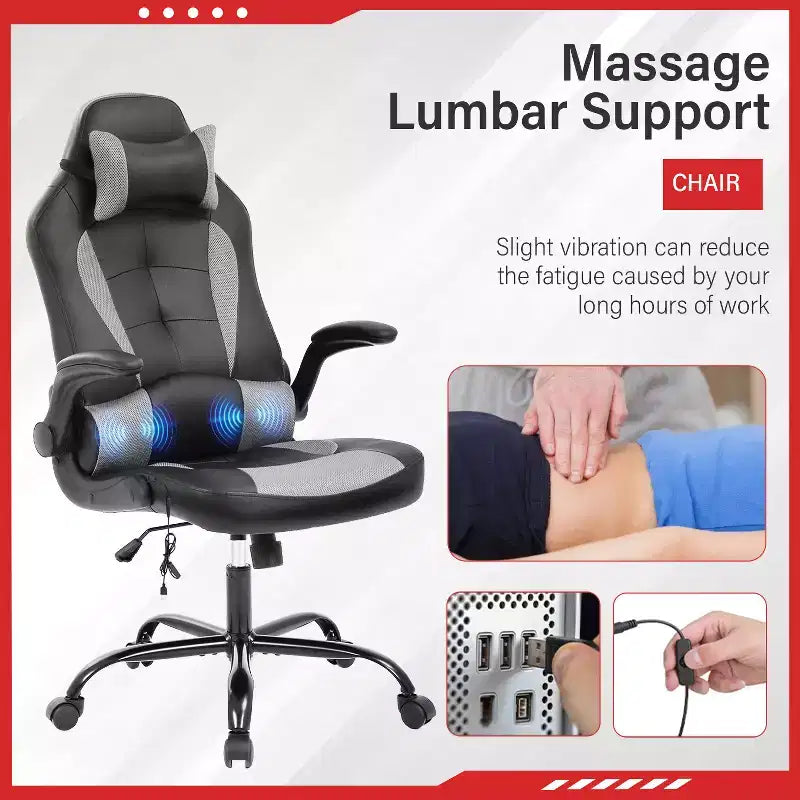 Gaming Office Chair with Lumbar Support, PU Leather, Adjustable Height & Arms