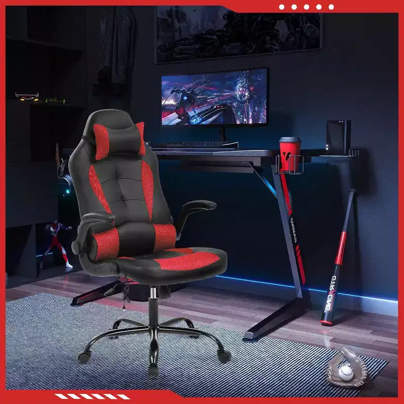 Gaming Office Chair with Lumbar Support, PU Leather, Adjustable Height & Arms