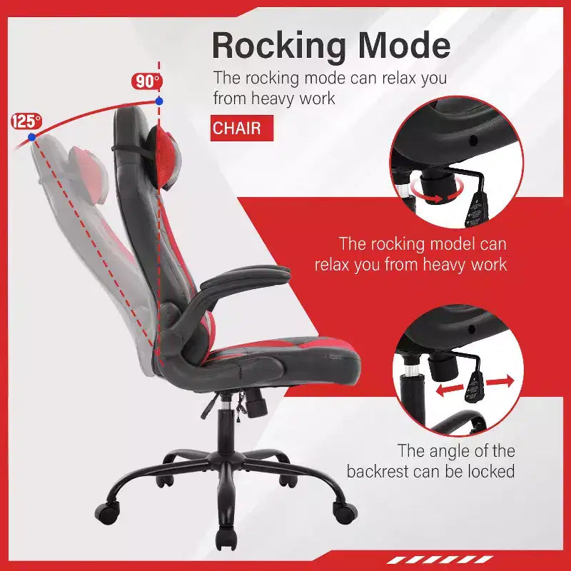 Gaming Office Chair with Lumbar Support, PU Leather, Adjustable Height & Arms