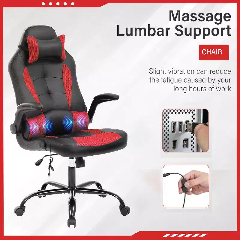 Gaming Office Chair with Lumbar Support, PU Leather, Adjustable Height & Arms