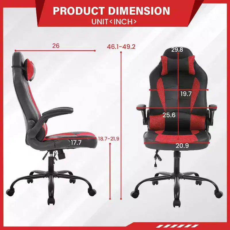 Gaming Office Chair with Lumbar Support, PU Leather, Adjustable Height & Arms