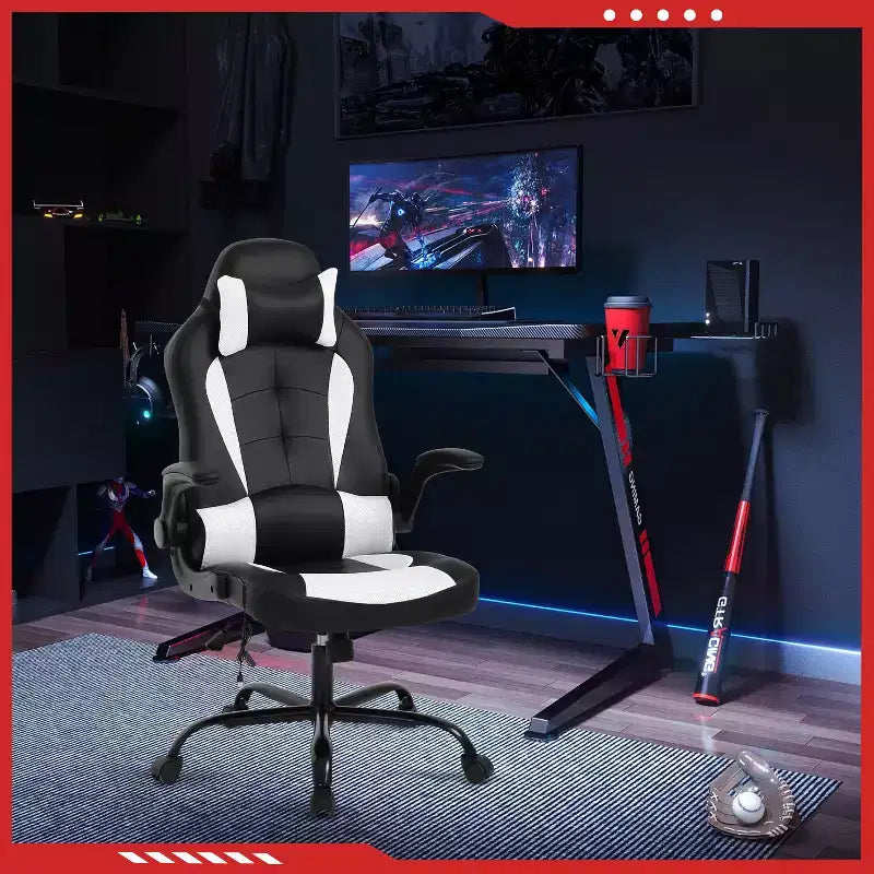 Gaming Office Chair with Lumbar Support, PU Leather, Adjustable Height & Arms