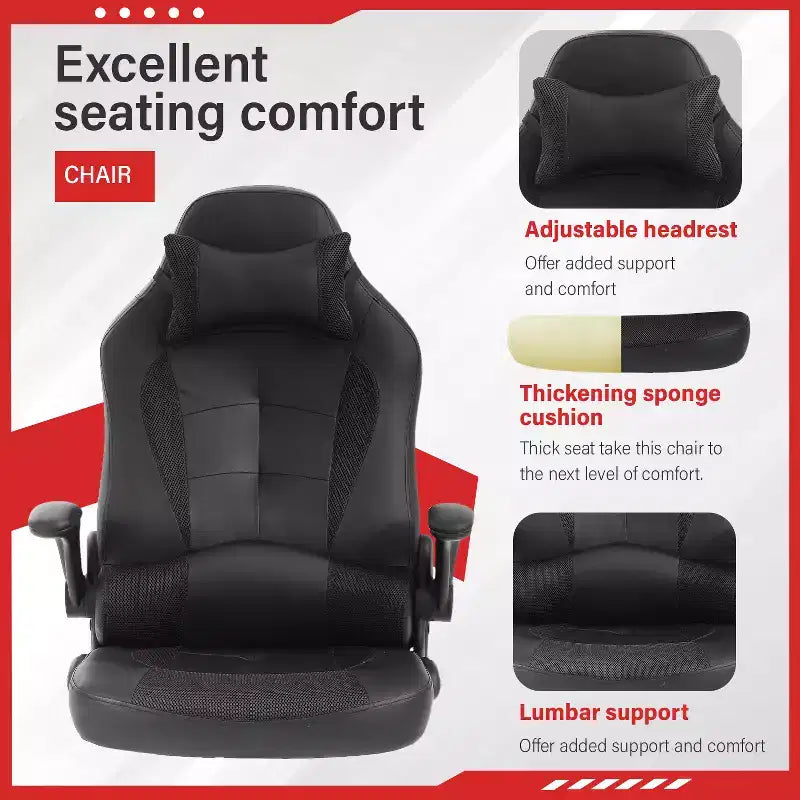 Gaming Office Chair with Lumbar Support, PU Leather, Adjustable Height & Arms