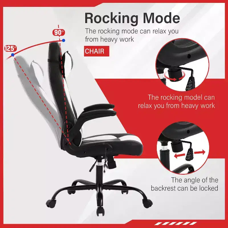 Gaming Office Chair with Lumbar Support, PU Leather, Adjustable Height & Arms