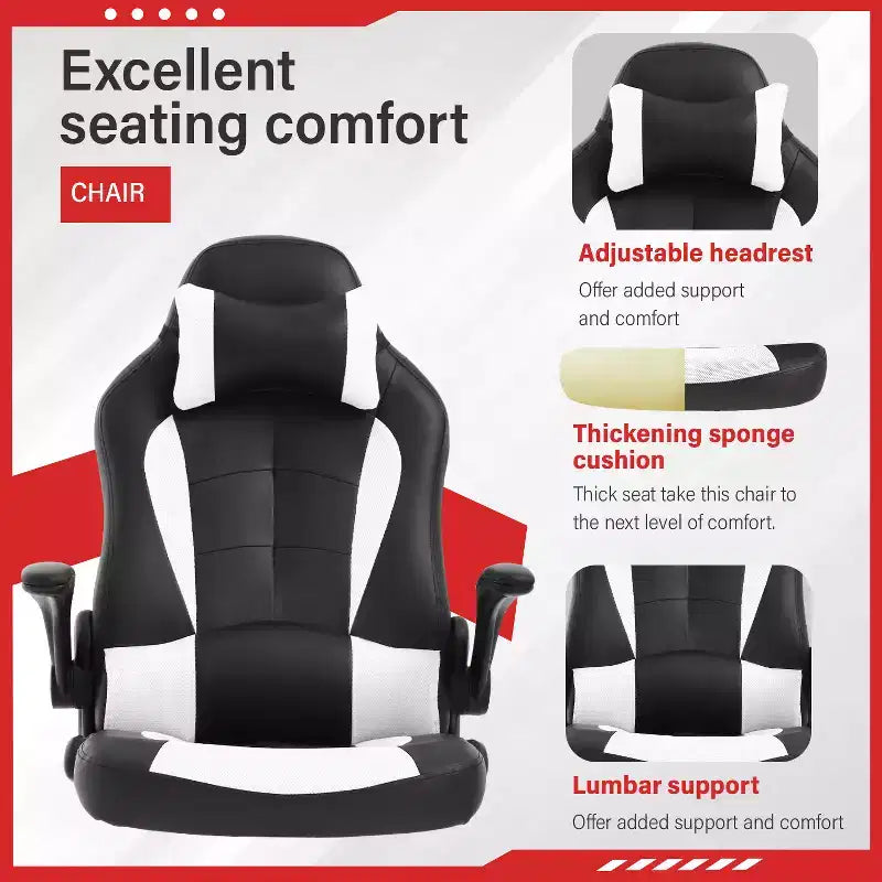 Gaming Office Chair with Lumbar Support, PU Leather, Adjustable Height & Arms