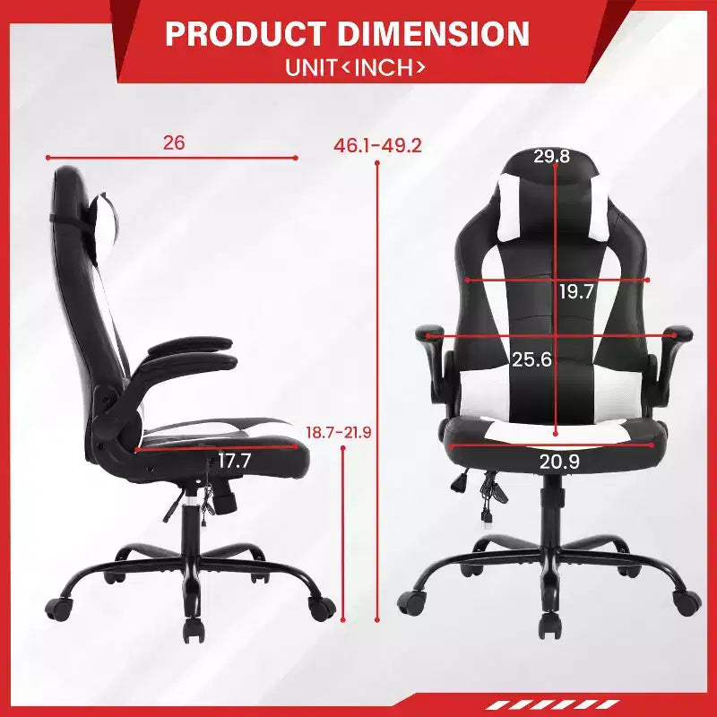Gaming Office Chair with Lumbar Support, PU Leather, Adjustable Height & Arms