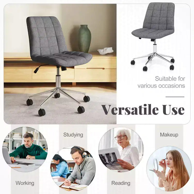 Upholstered Armless Office Chair with Adjustable Height & Wheels, Gray/White