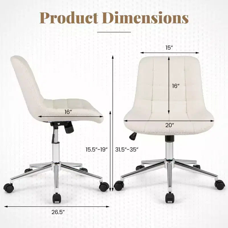 Upholstered Armless Office Chair with Adjustable Height & Wheels, Gray/White