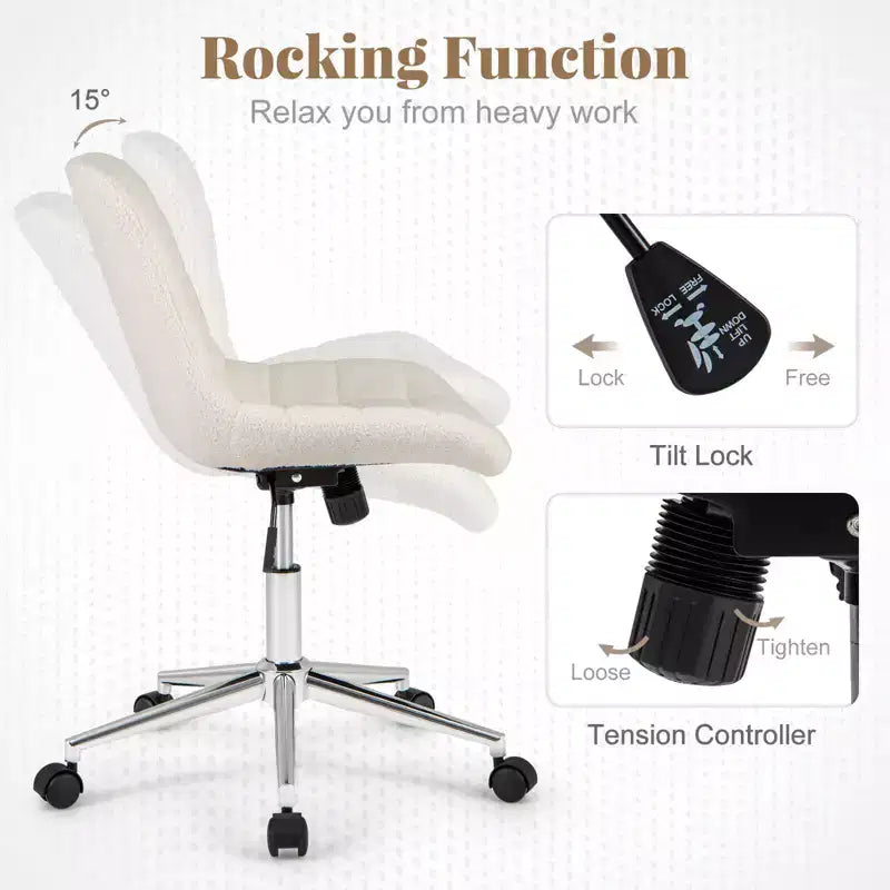 Upholstered Armless Office Chair with Adjustable Height & Wheels, Gray/White