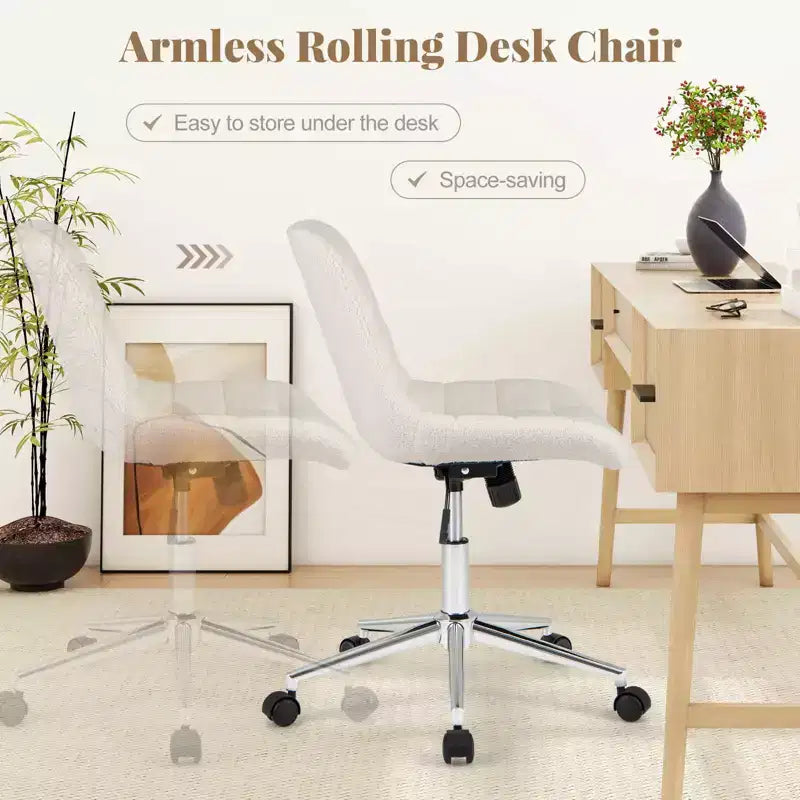 Upholstered Armless Office Chair with Adjustable Height & Wheels, Gray/White