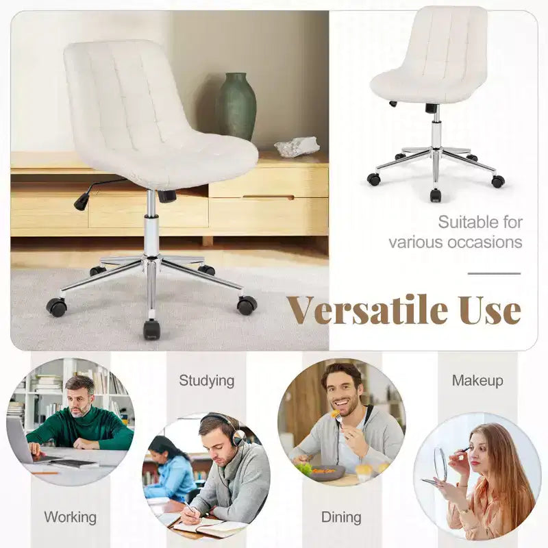 Upholstered Armless Office Chair with Adjustable Height & Wheels, Gray/White