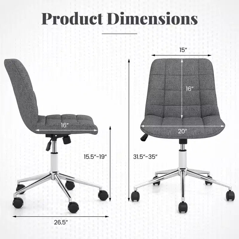 Upholstered Armless Office Chair with Adjustable Height & Wheels, Gray/White