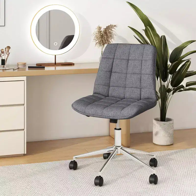 Upholstered Armless Office Chair with Adjustable Height & Wheels, Gray/White