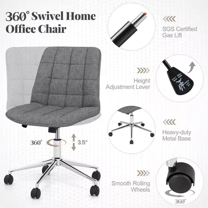 Upholstered Armless Office Chair with Adjustable Height & Wheels, Gray/White