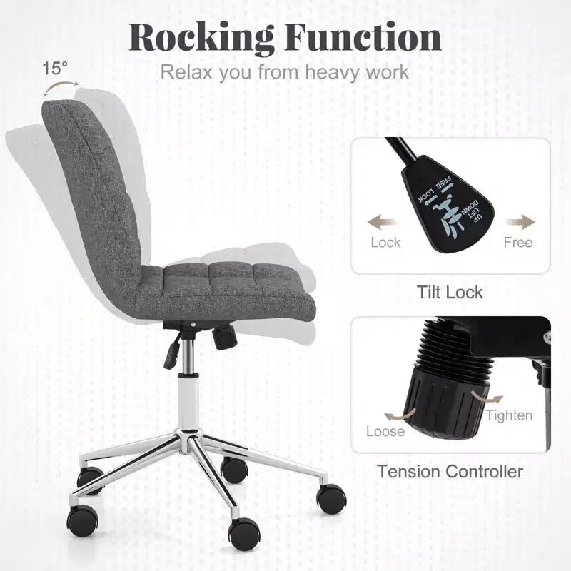 Upholstered Armless Office Chair with Adjustable Height & Wheels, Gray/White