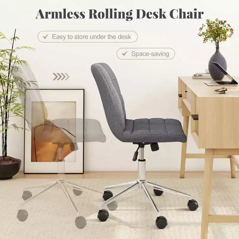 Upholstered Armless Office Chair with Adjustable Height & Wheels, Gray/White