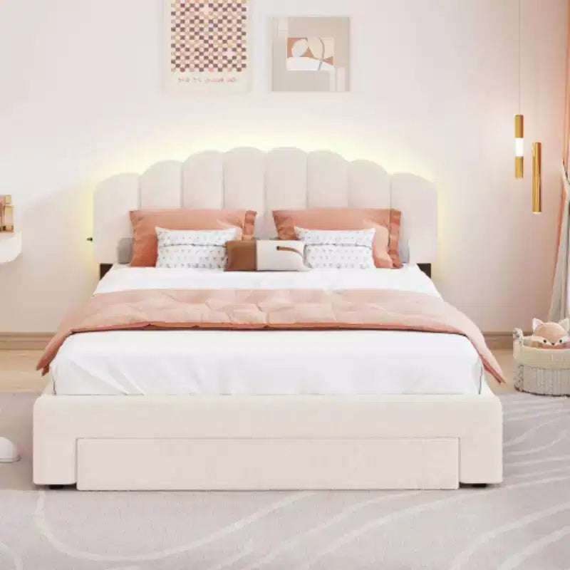 Beige Teddy Fleece Queen Size Upholstered Platform Bed with Drawer