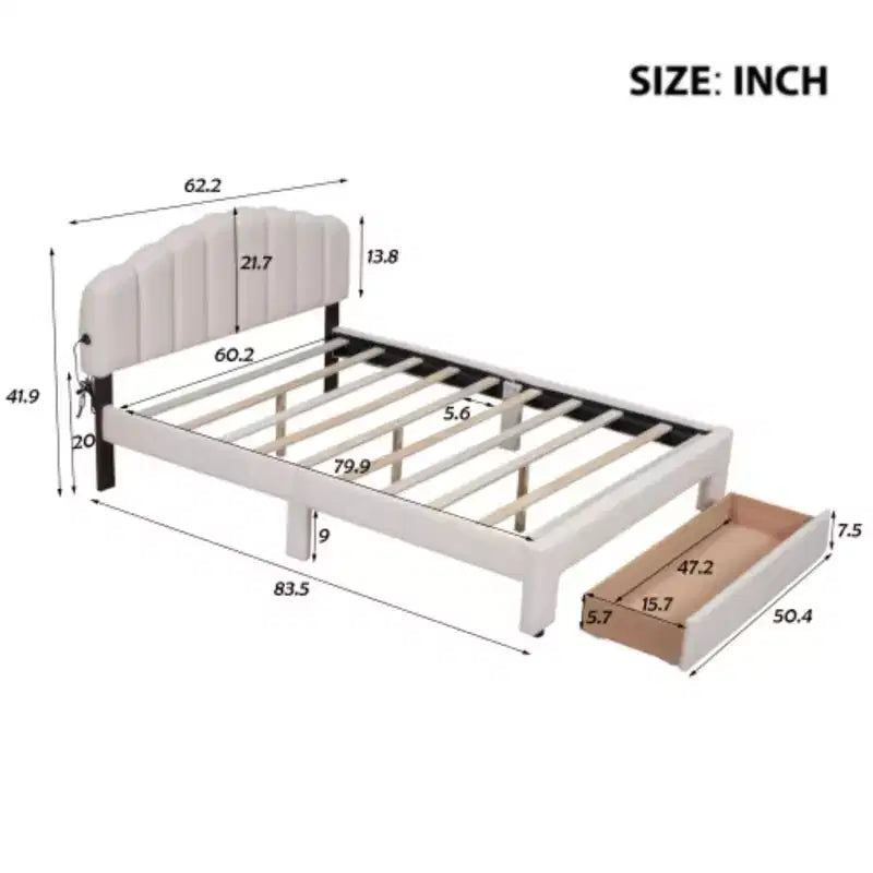 Beige Teddy Fleece Queen Size Upholstered Platform Bed with Drawer
