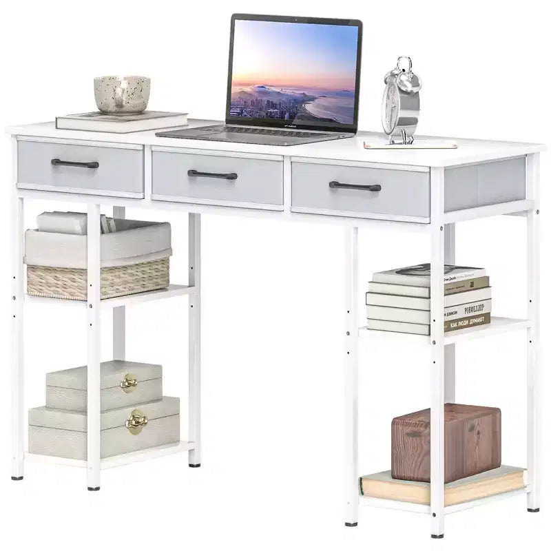47" Small Writing Desk with Fabric Drawers and Adjustable Shelves