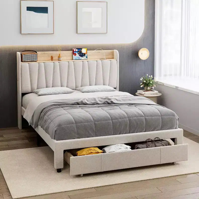 Upholstered Platform Bed Frame with 2 Storage Drawers and Storage Headboard