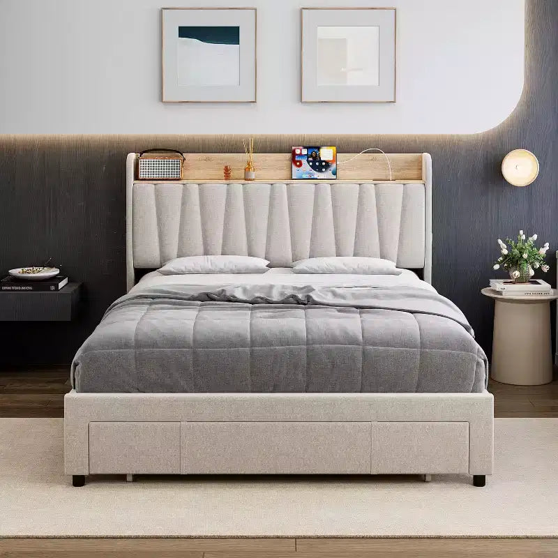 Upholstered Platform Bed Frame with 2 Storage Drawers and Storage Headboard