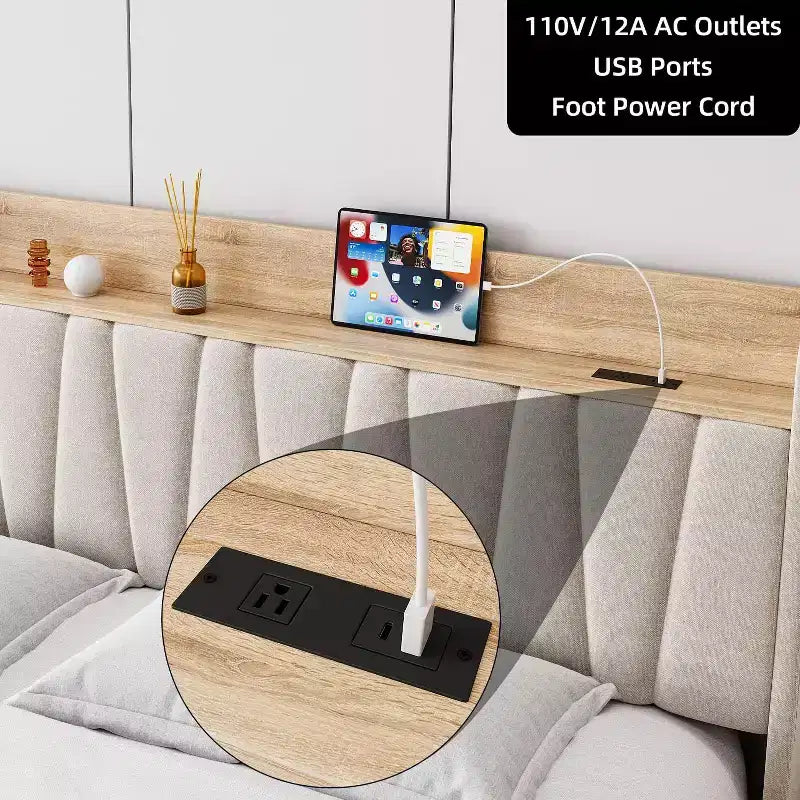 Upholstered Platform Bed Frame with 2 Storage Drawers and Storage Headboard