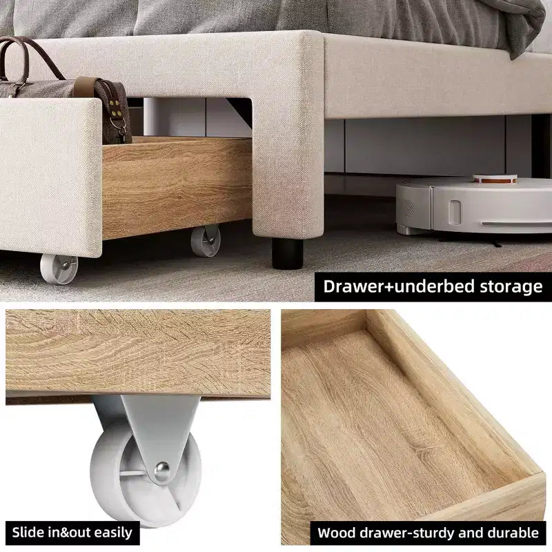 Upholstered Platform Bed Frame with 2 Storage Drawers and Storage Headboard