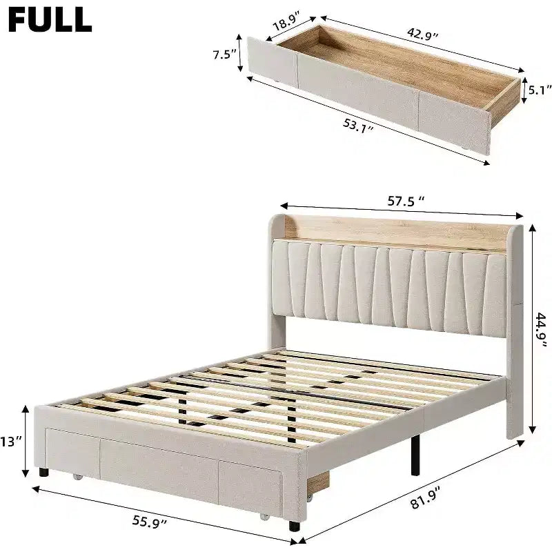 Upholstered Platform Bed Frame with 2 Storage Drawers and Storage Headboard
