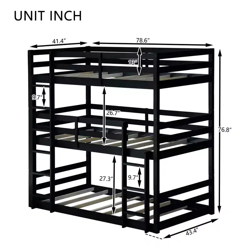 Rubberwood Detachable Triple Twin Bunk Bed with 2 Built-in Ladders and Guardrails