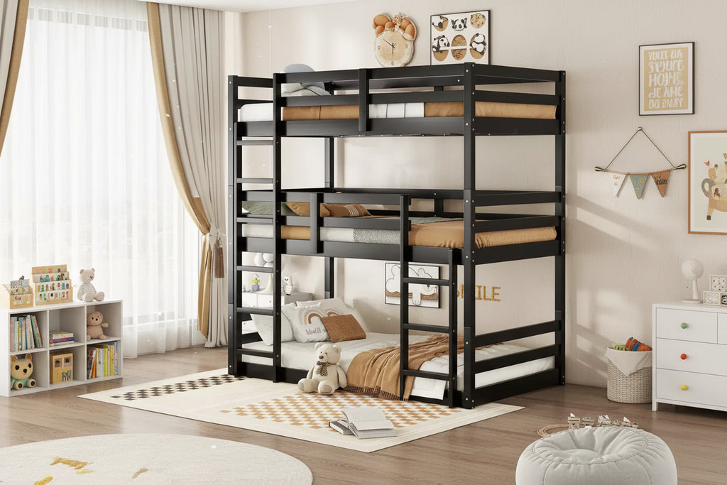 Rubberwood Detachable Triple Twin Bunk Bed with 2 Built-in Ladders and Guardrails