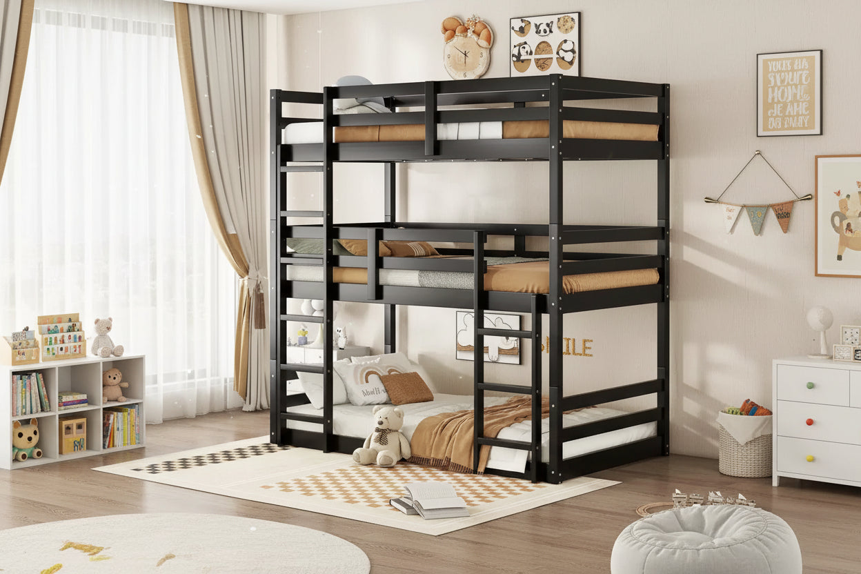 Rubberwood Detachable Triple Twin Bunk Bed with 2 Built-in Ladders and Guardrails