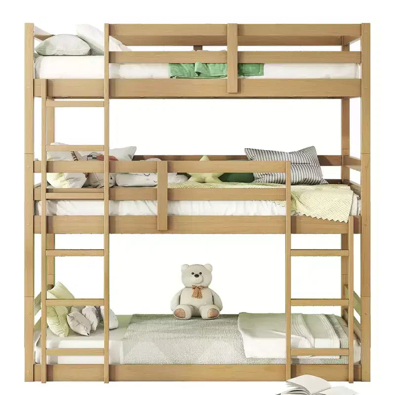 Rubberwood Detachable Triple Twin Bunk Bed with 2 Built-in Ladders and Guardrails