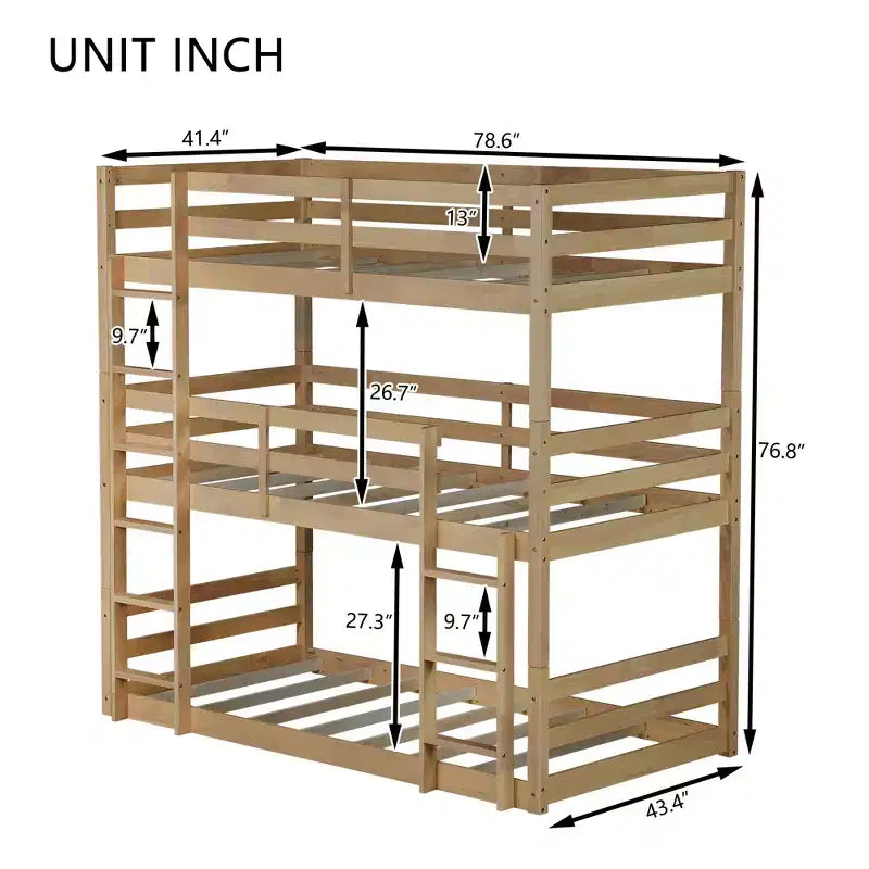 Rubberwood Detachable Triple Twin Bunk Bed with 2 Built-in Ladders and Guardrails