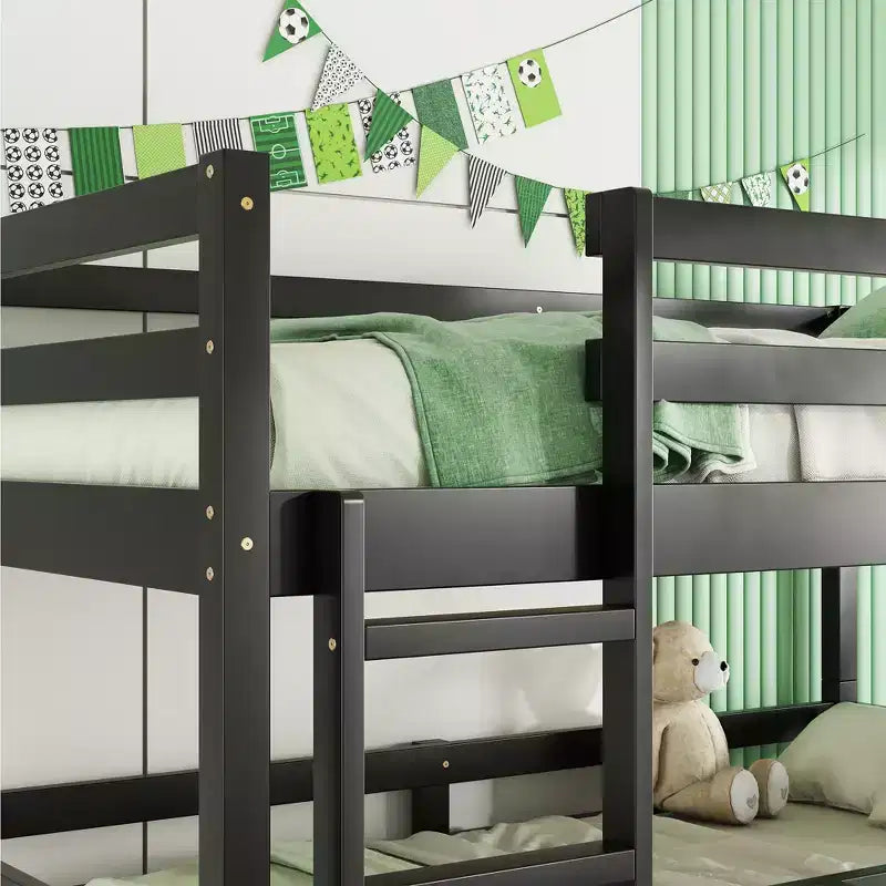 Rubberwood Detachable Triple Twin Bunk Bed with 2 Built-in Ladders and Guardrails