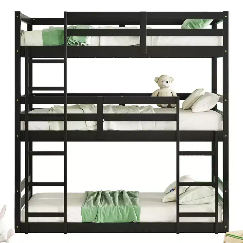 Rubberwood Detachable Triple Twin Bunk Bed with 2 Built-in Ladders and Guardrails