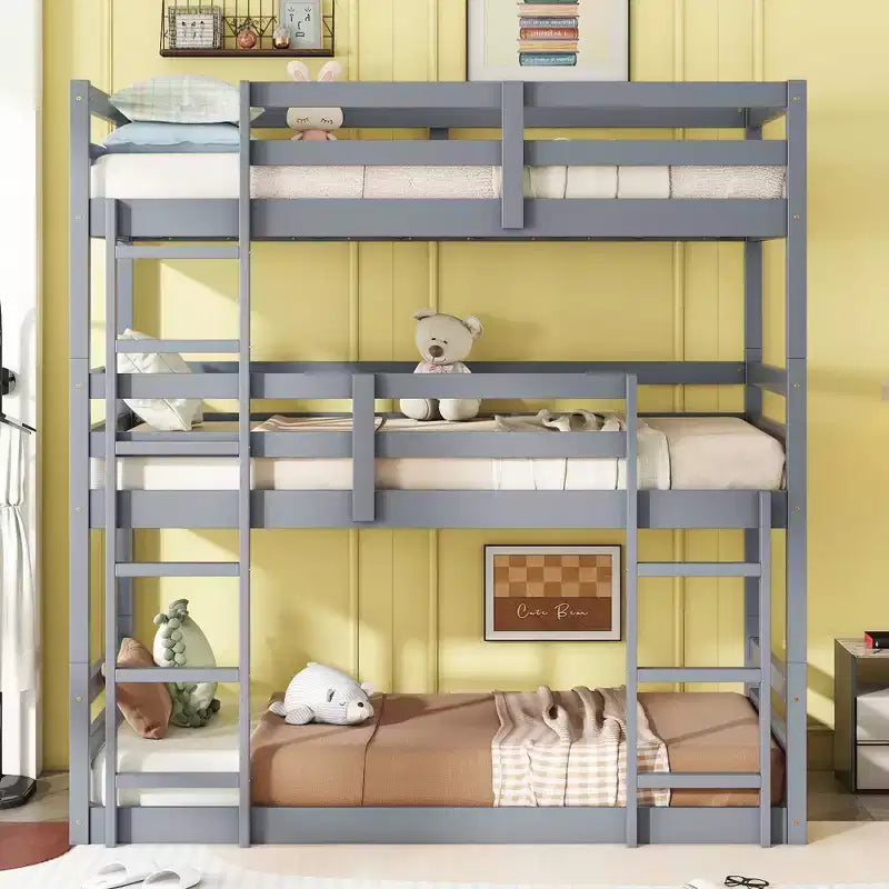 Rubberwood Detachable Triple Twin Bunk Bed with 2 Built-in Ladders and Guardrails