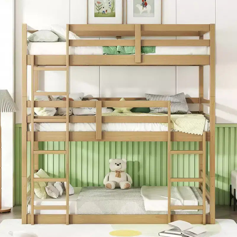 Rubberwood Detachable Triple Twin Bunk Bed with 2 Built-in Ladders and Guardrails