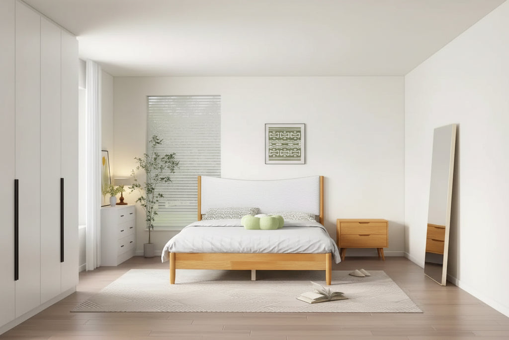 Whisen Queen Size Rubber Wooden Bed with Boucle Upholstered Headboard - Natural