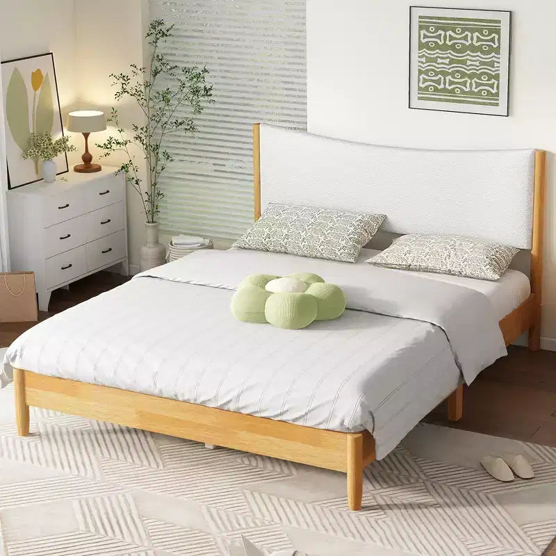 Queen Size Rubberwood Platform Bed with Boucle Upholstered Headboard, Natural