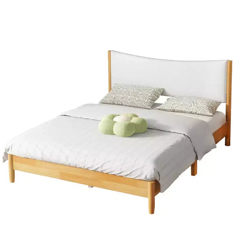 Queen Size Rubberwood Platform Bed with Boucle Upholstered Headboard, Natural