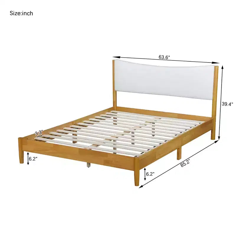 Queen Size Rubberwood Platform Bed with Boucle Upholstered Headboard, Natural