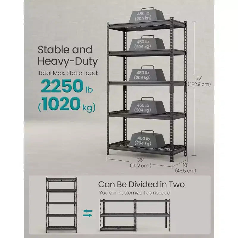 5-Tier Heavy-Duty Steel Garage Shelving Unit, 18x36x72", Adjustable