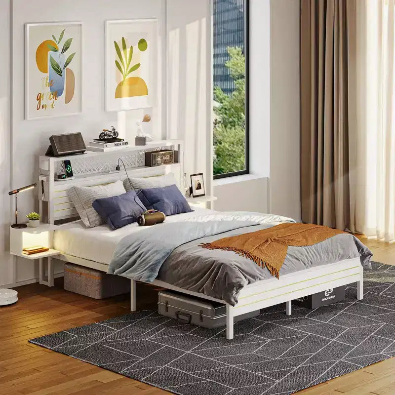 Metal Platform Bed Frame with Storage Headboard, Power Outlet, LED Lights & Beside Shelves