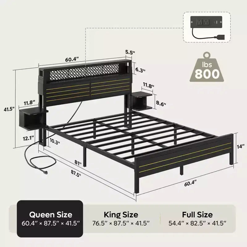 Metal Platform Bed Frame with Storage Headboard, Power Outlet, LED Lights & Beside Shelves