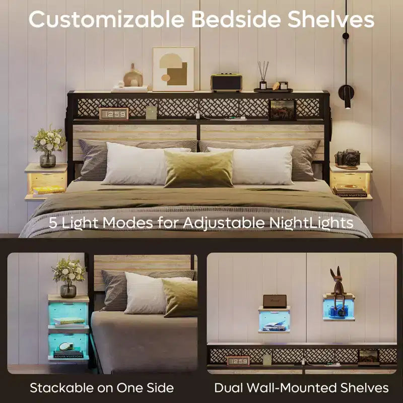 Metal Platform Bed Frame with Storage Headboard, Power Outlet, LED Lights & Beside Shelves